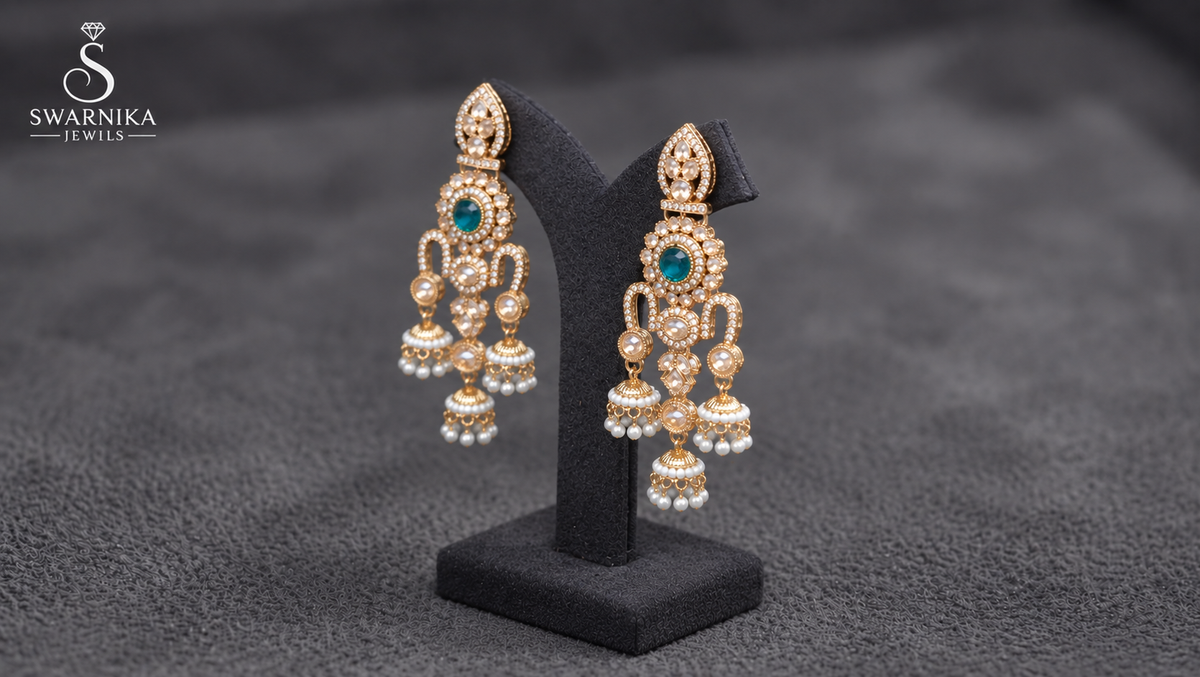 Teal Pearl Polki Chandelier Jhumkas view 3