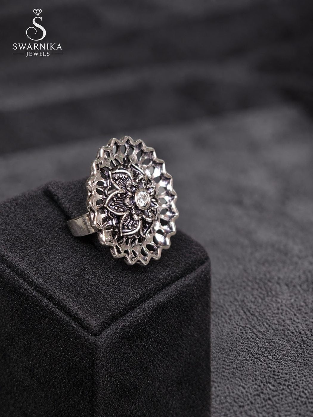 Temple Motif Oxidised Dome Ring view 2