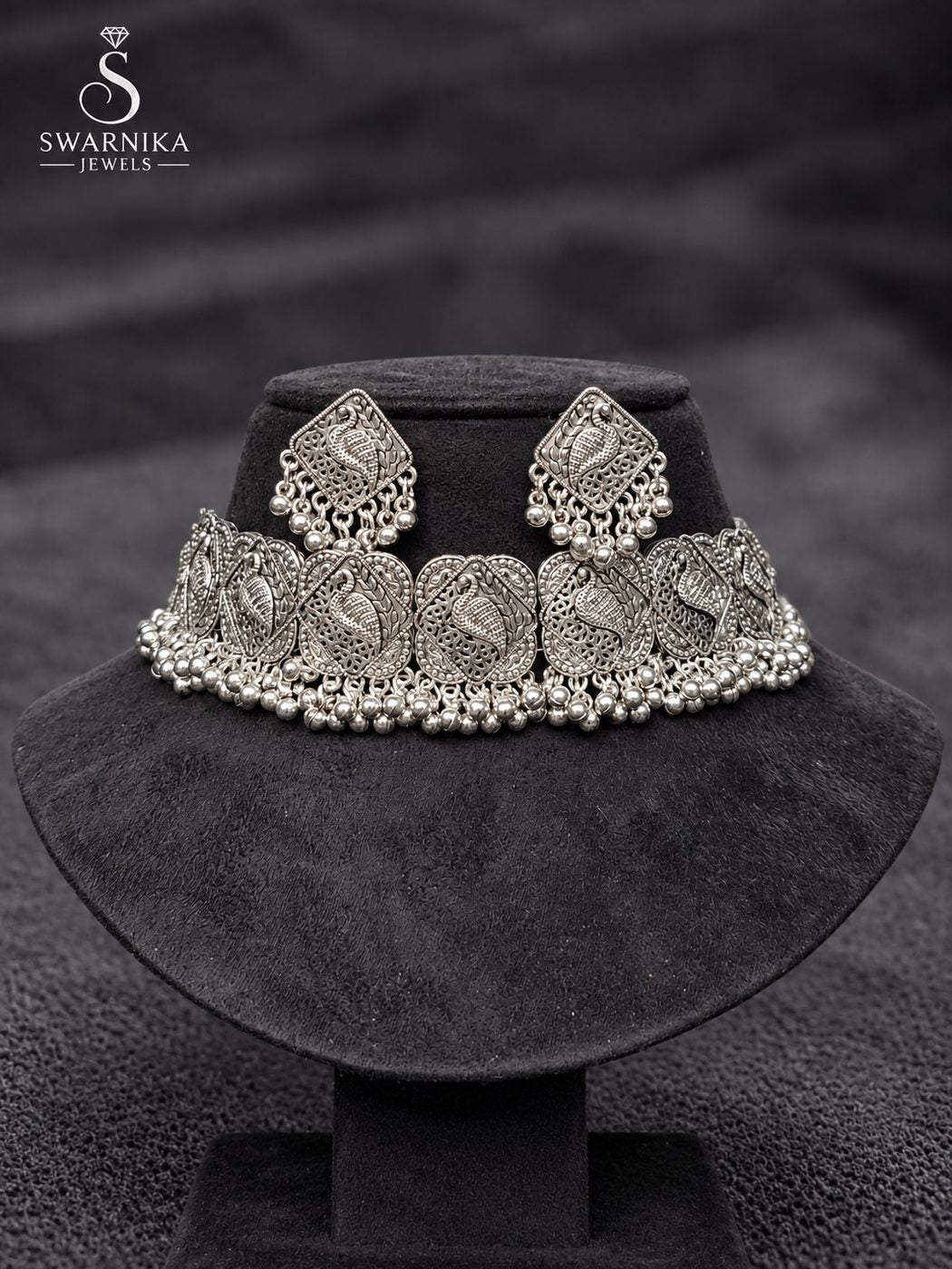 Temple Motif Oxidised Necklace Set view 1