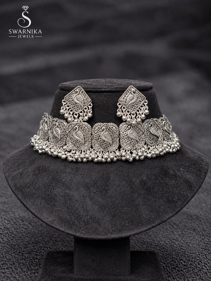 Temple Motif Oxidised Necklace Set