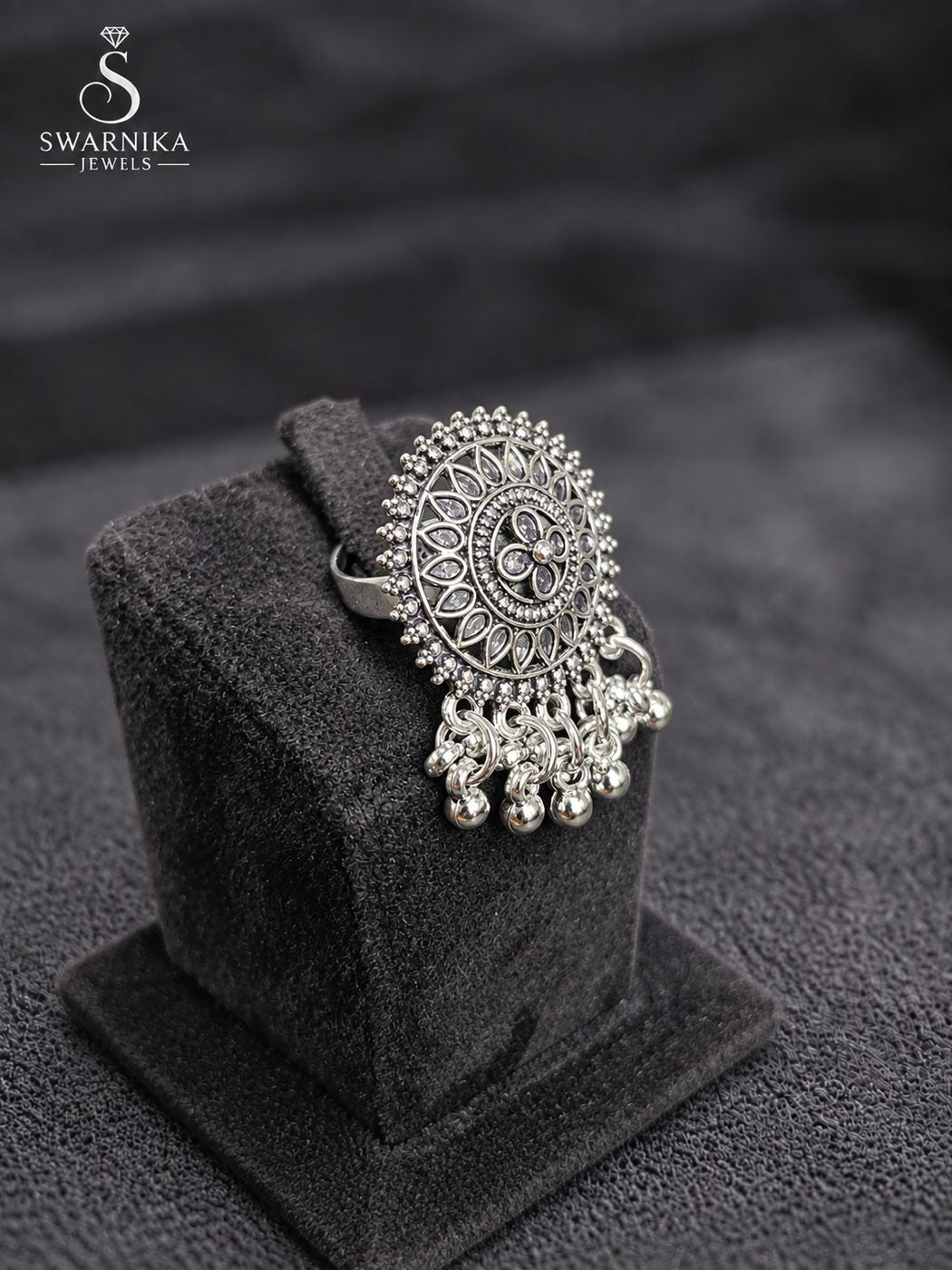 Tribal Bead Oxidised Cocktail Ring view 2