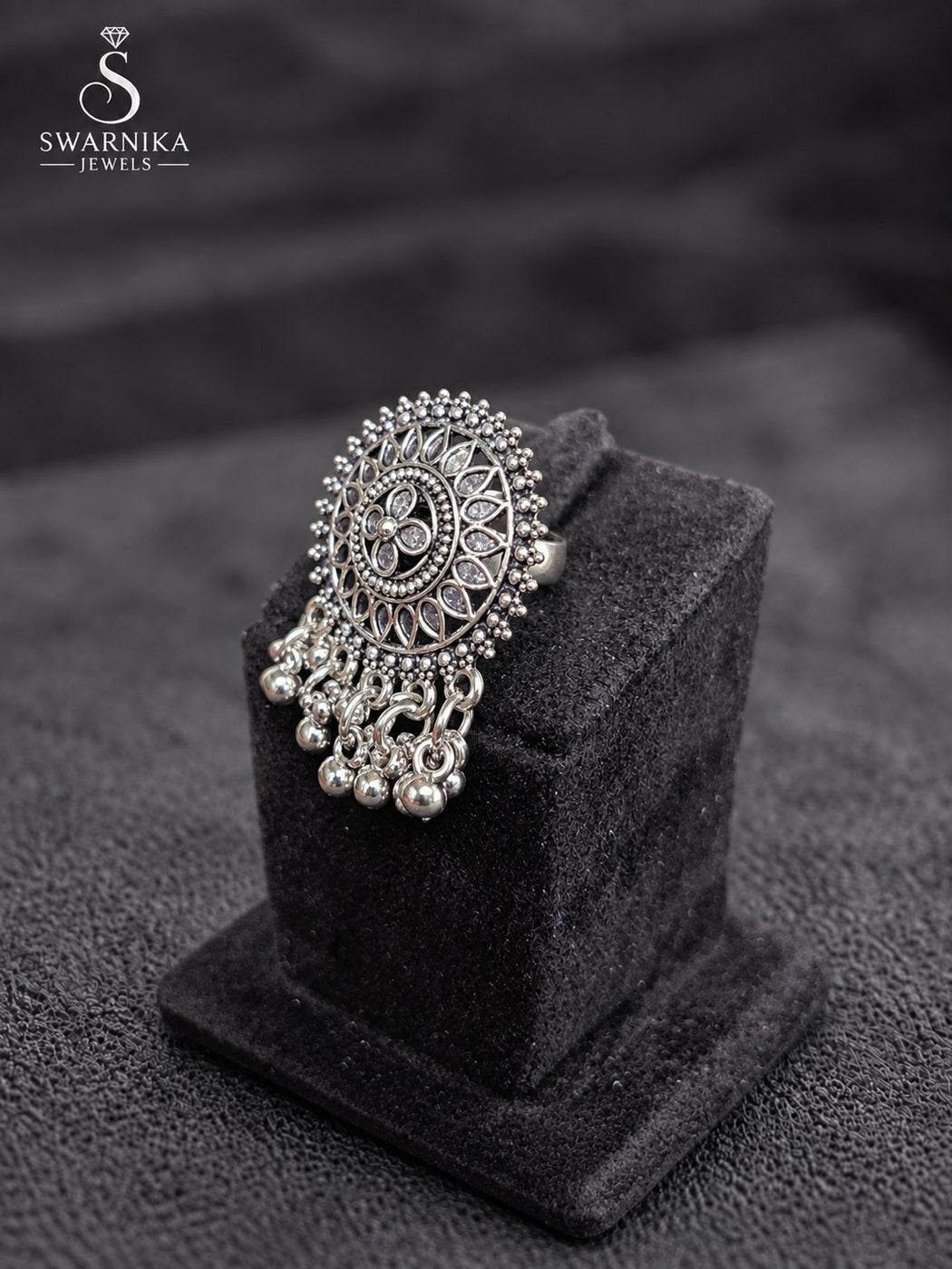 Tribal Bead Oxidised Cocktail Ring view 3