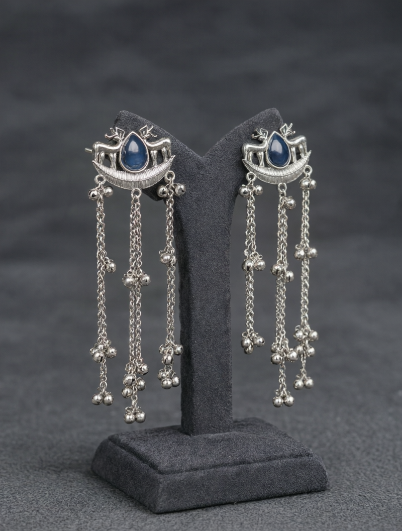 Tribal Blue Crescent Drop Earrings