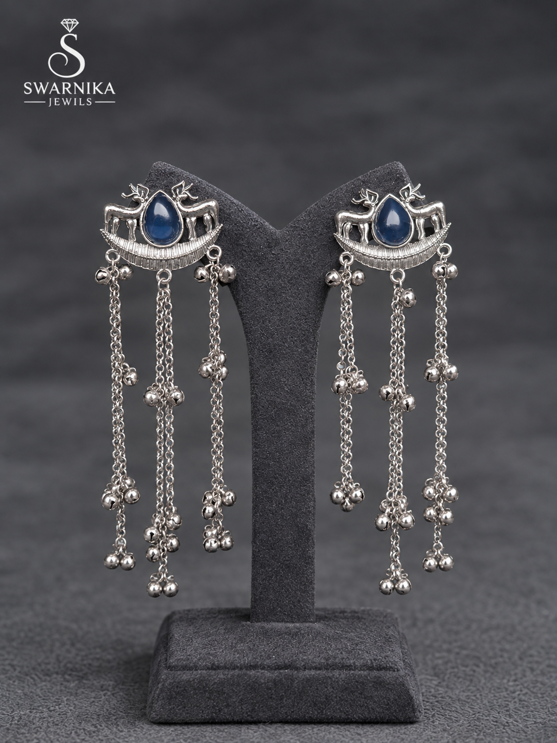 Tribal Blue Crescent Drop Earrings view 2
