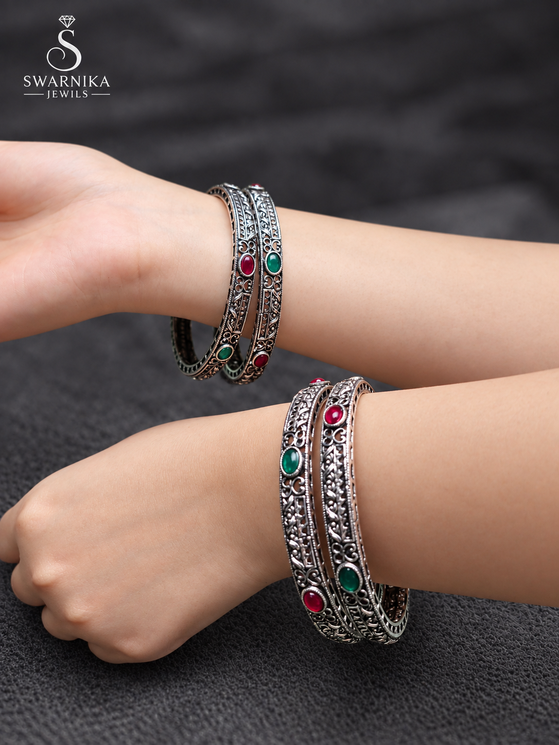 Tribal Emboss Oxidised Colour Stone Kada view 1
