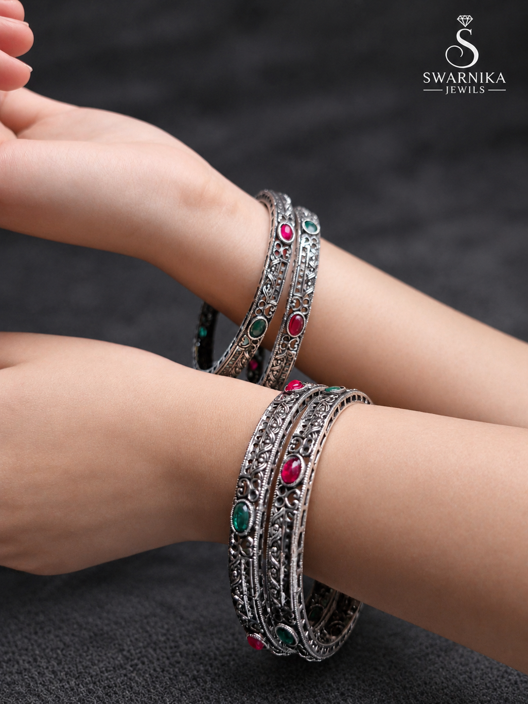Tribal Emboss Oxidised Colour Stone Kada view 2