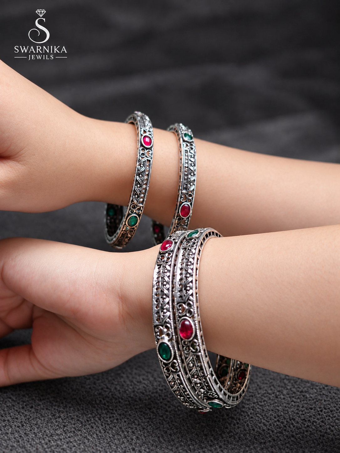 Tribal Emboss Oxidised Colour Stone Kada view 3