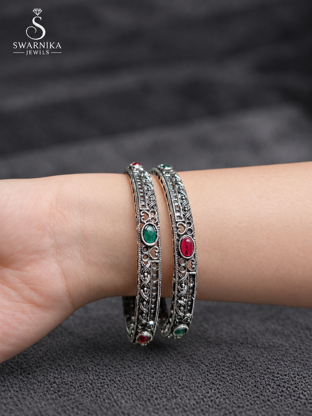 Tribal Emboss Oxidised Colour Stone Kada view 4