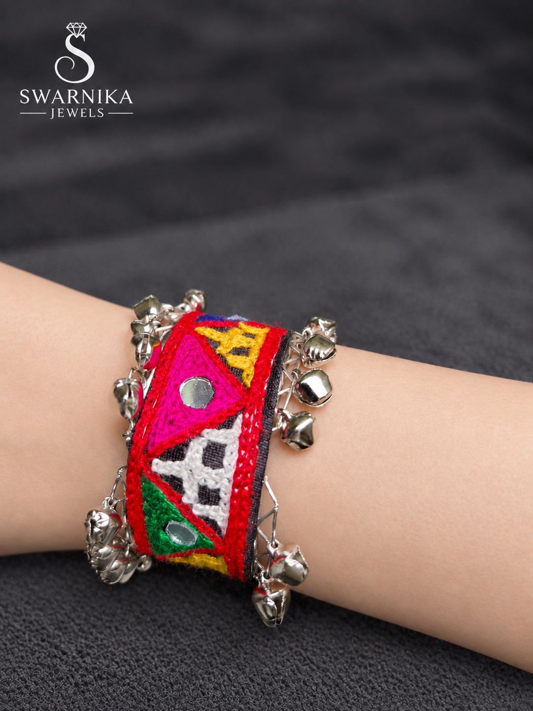 Tribal Thread Embroidery Ghungroo Cuff Kada view 1