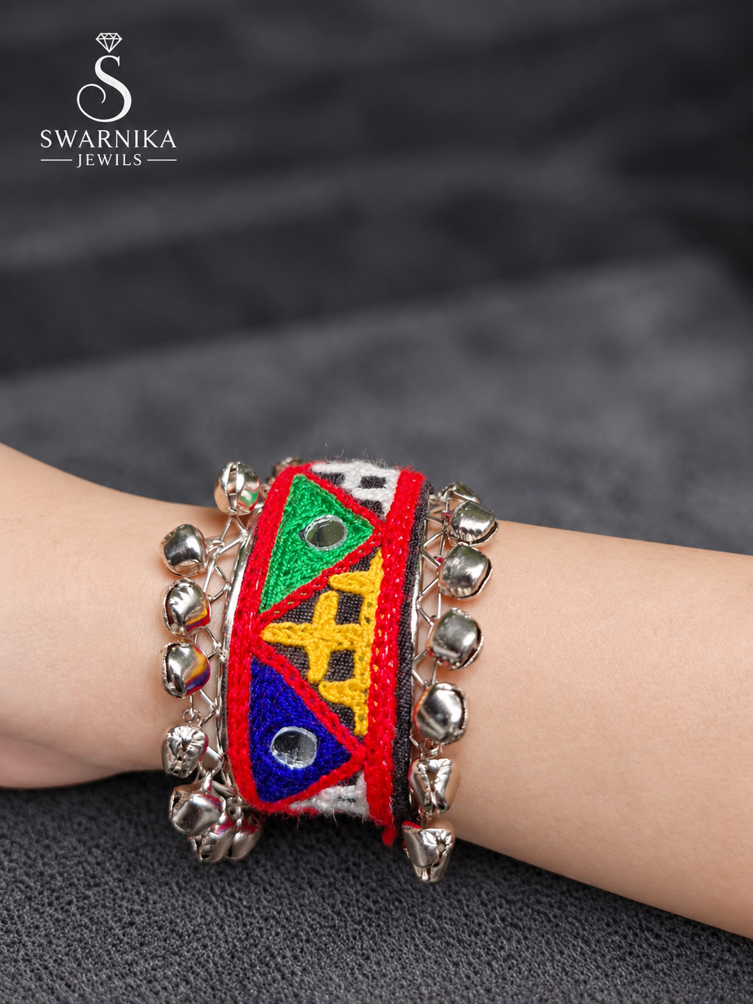 Tribal Thread Embroidery Ghungroo Cuff Kada view 2