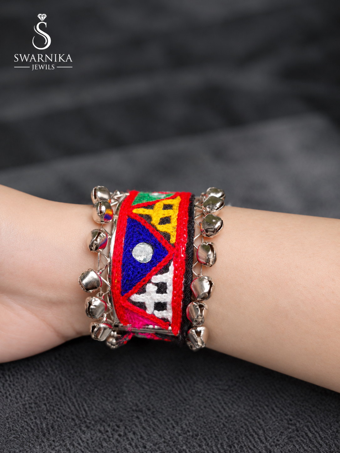 Tribal Thread Embroidery Ghungroo Cuff Kada view 3