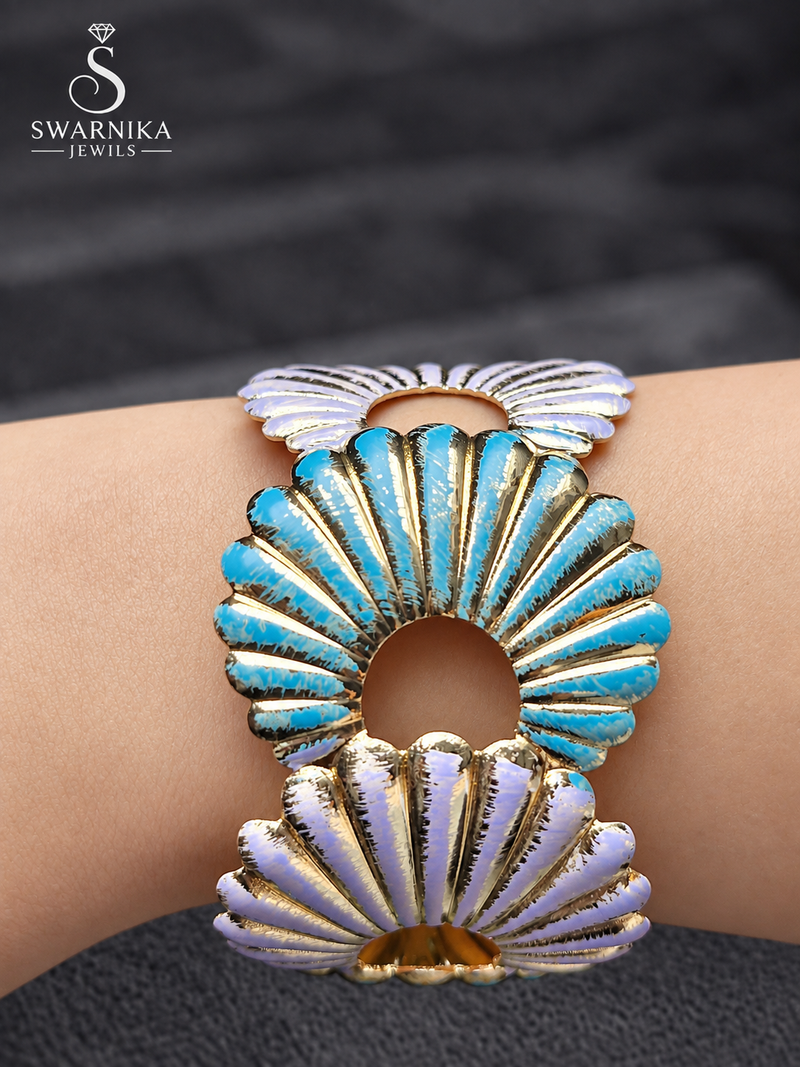 Turquoise Lavender Shell Motif Gold Cuff