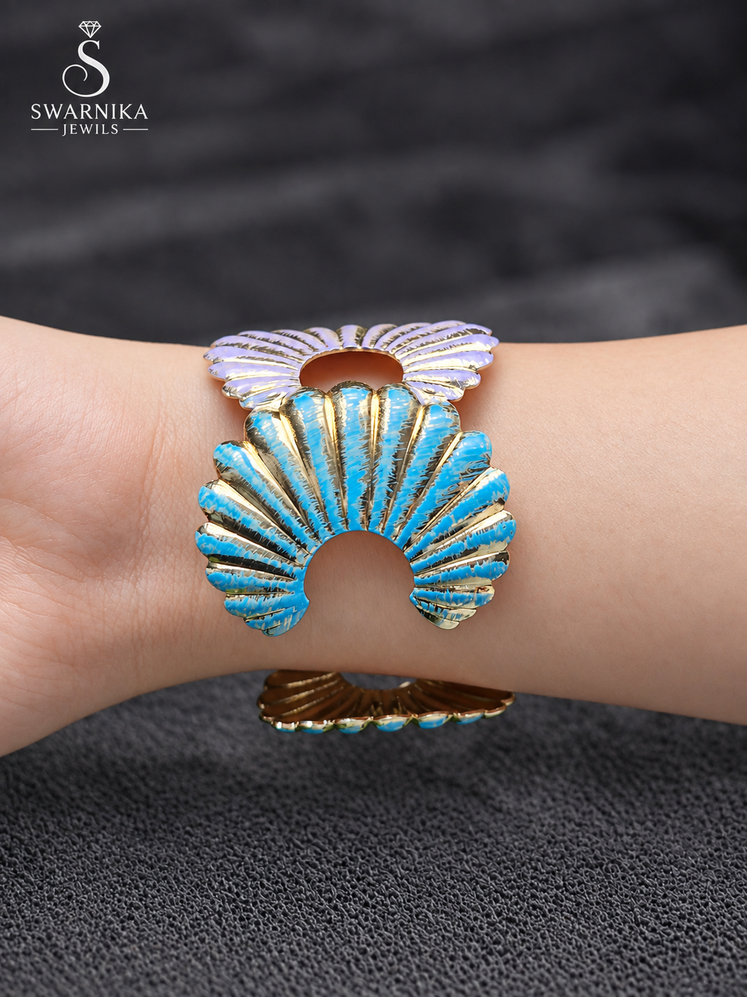 Turquoise Lavender Shell Motif Gold Cuff view 2