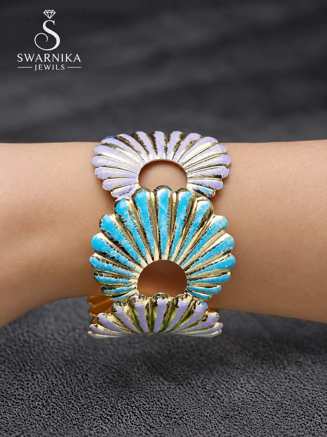 Turquoise Lavender Shell Motif Gold Cuff view 3