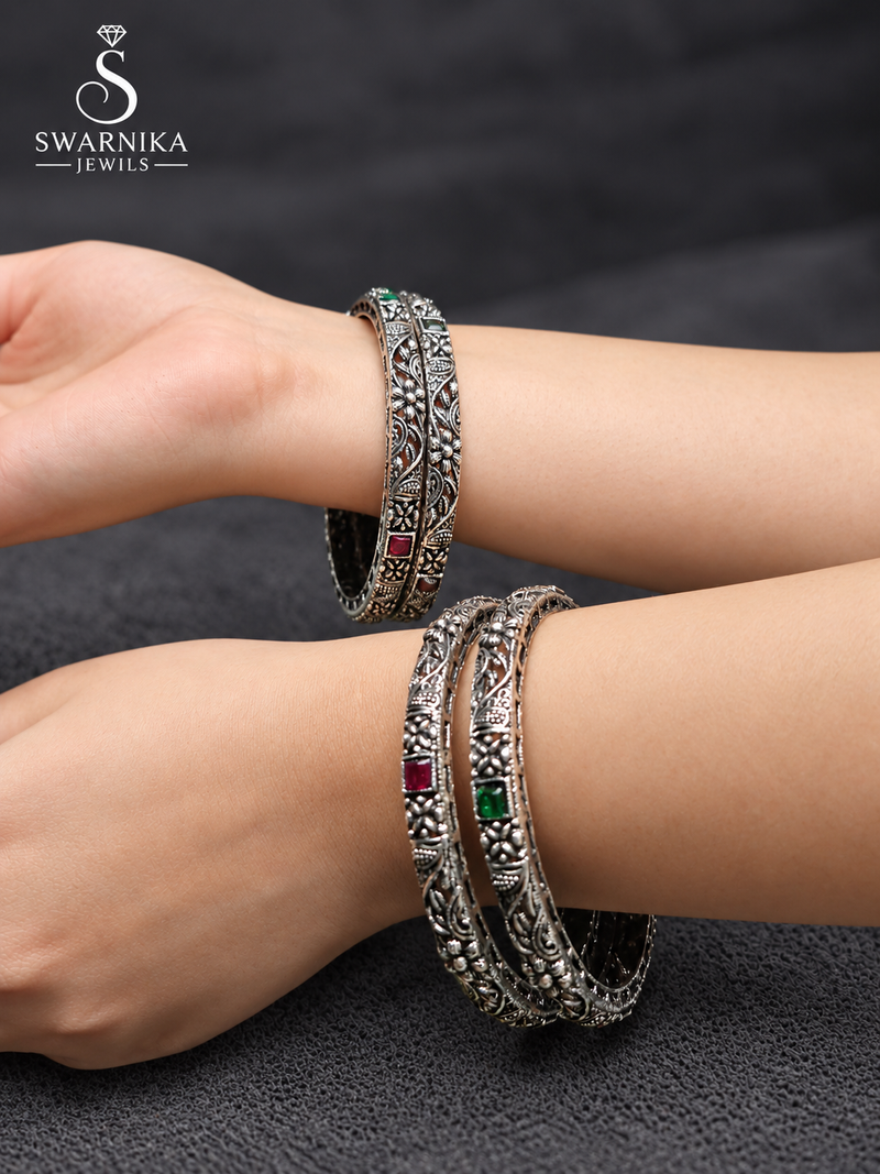 Vintage Oxidised Floral Stone Statement Kada