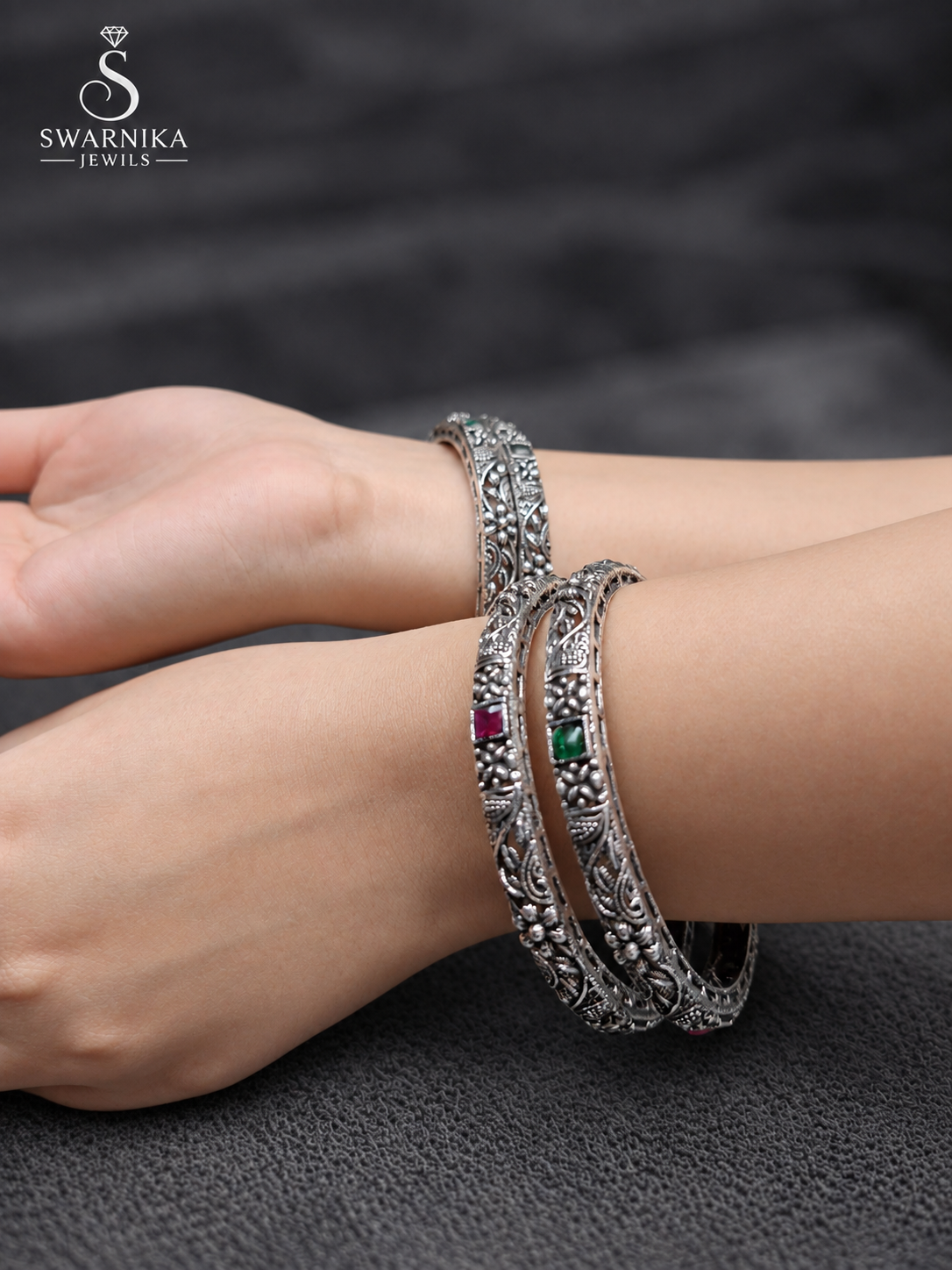 Vintage Oxidised Floral Stone Statement Kada view 2