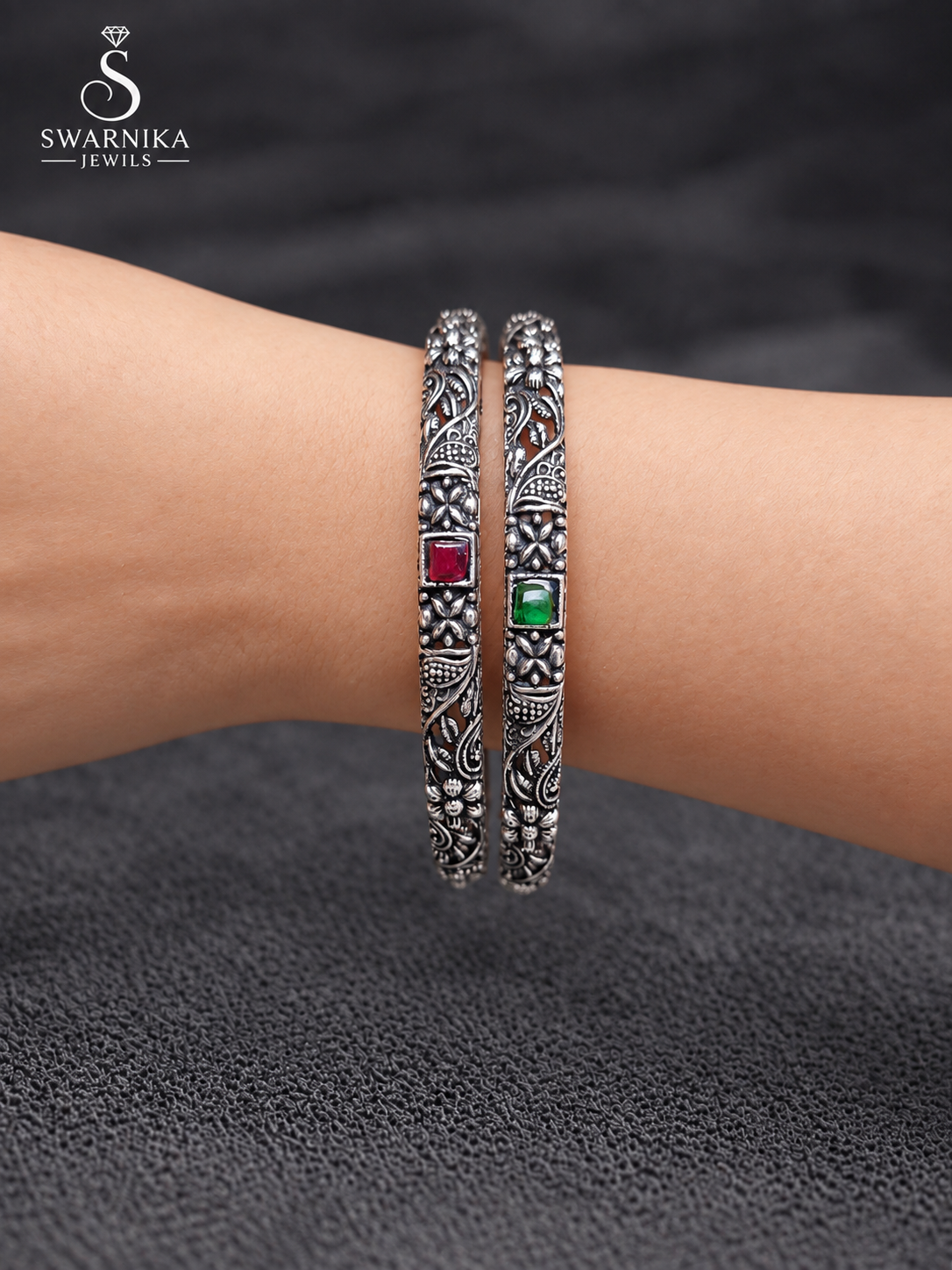 Vintage Oxidised Floral Stone Statement Kada view 3