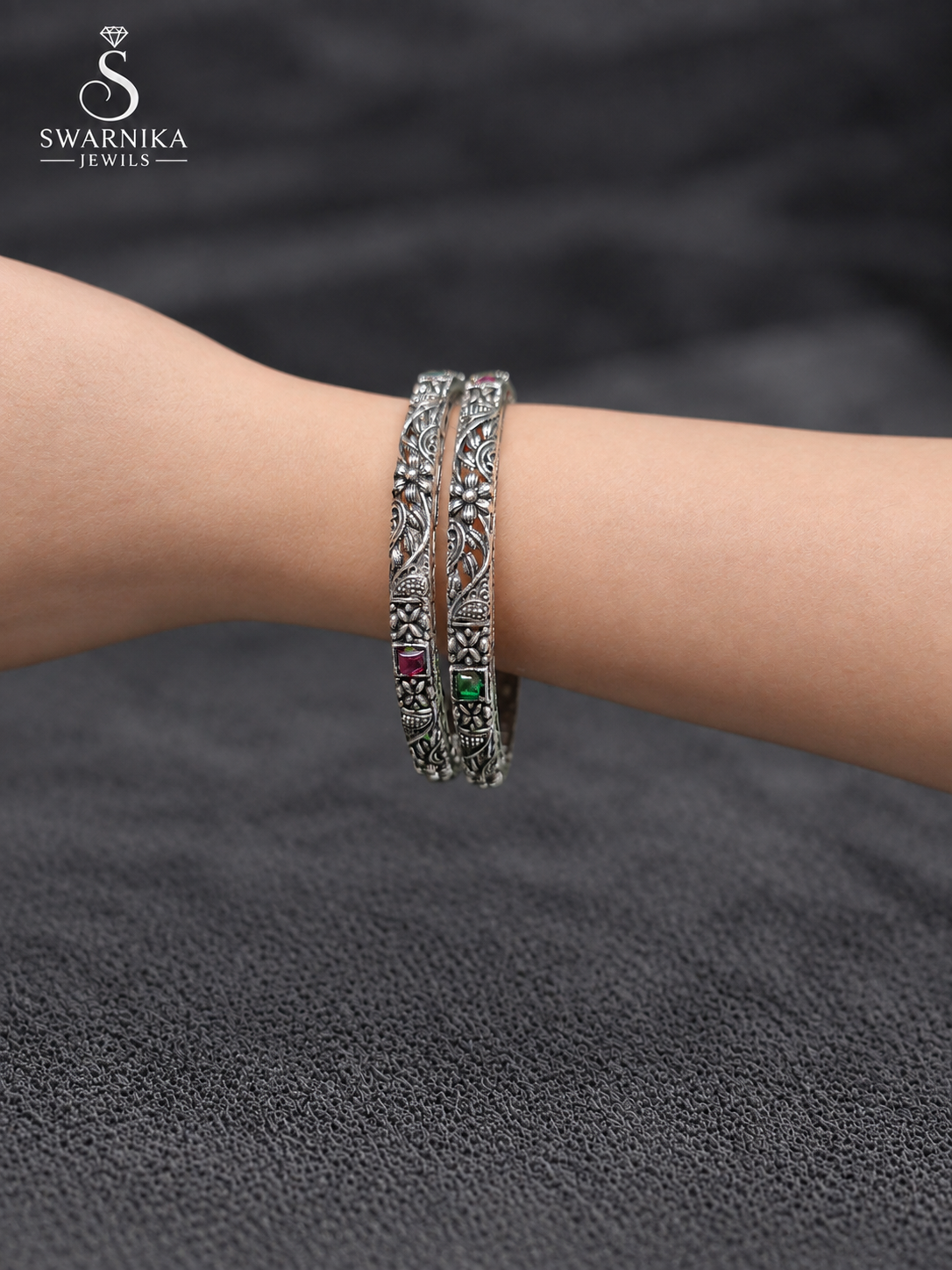 Vintage Oxidised Floral Stone Statement Kada view 4