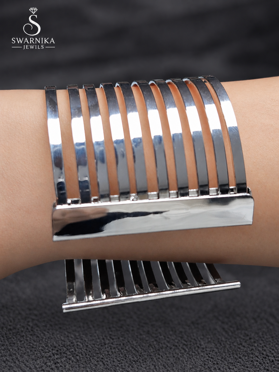 Wide Polished Silver Line Cuff Bracelet view 2